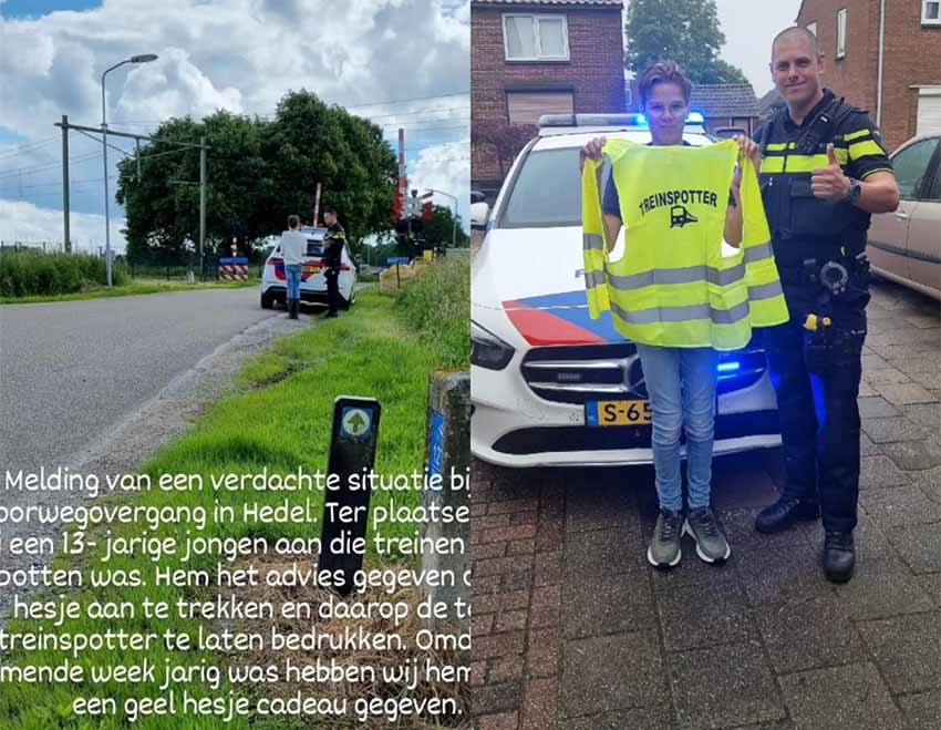 Politie geeft jarige treinspotter Rens (13) veiligheidshesje cadeau