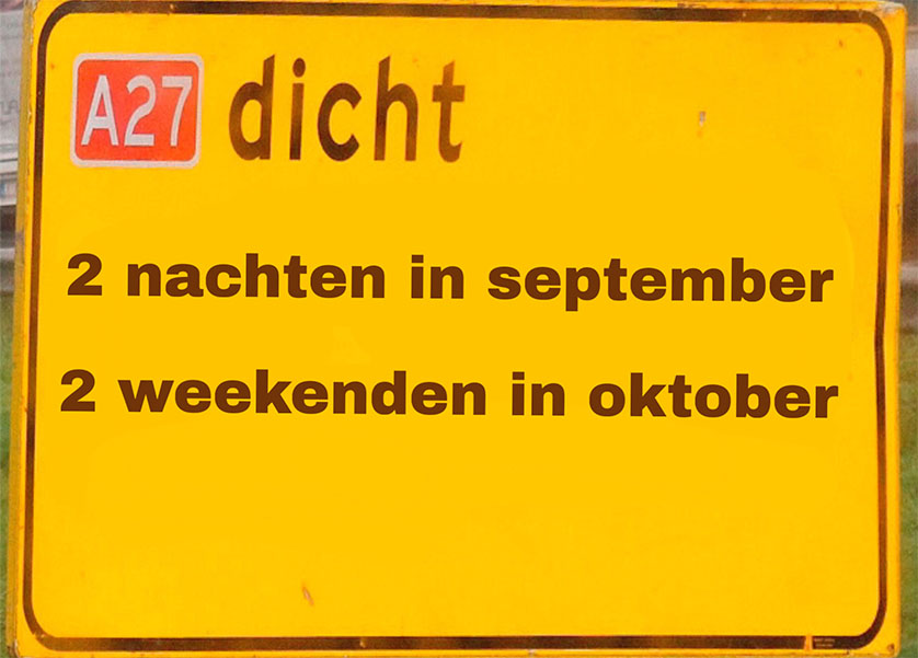 Ook in september en oktober nacht- en weekendafsluitingen A27